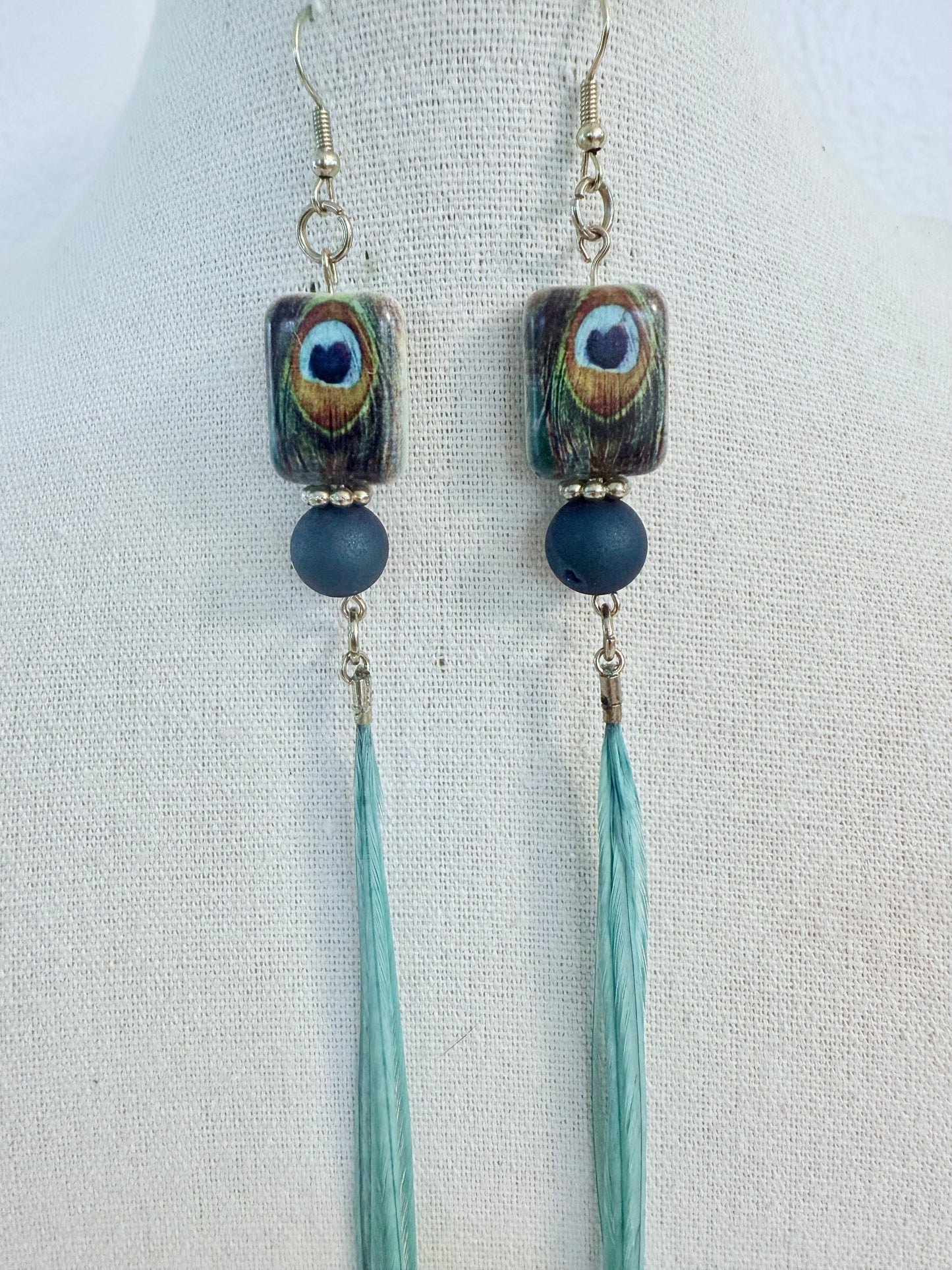 The Peacock Beauty Feather + Stone Earring Set